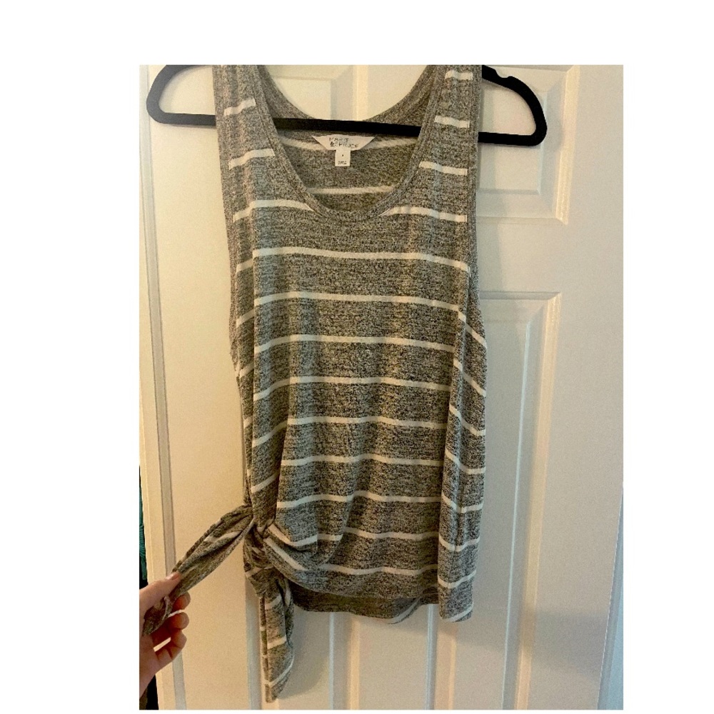 COPY - Cute market and spruce striped side knot knit tank.